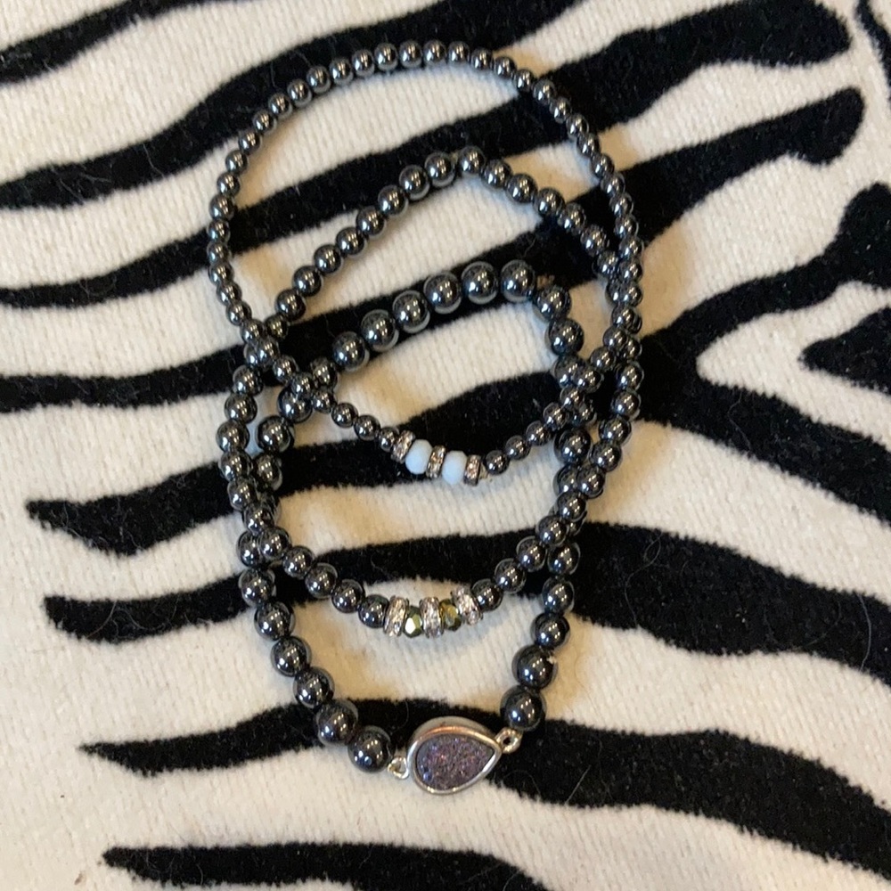 Stackable Gunmetal Beaded Bracelets. One Druzy Ch… - image 1